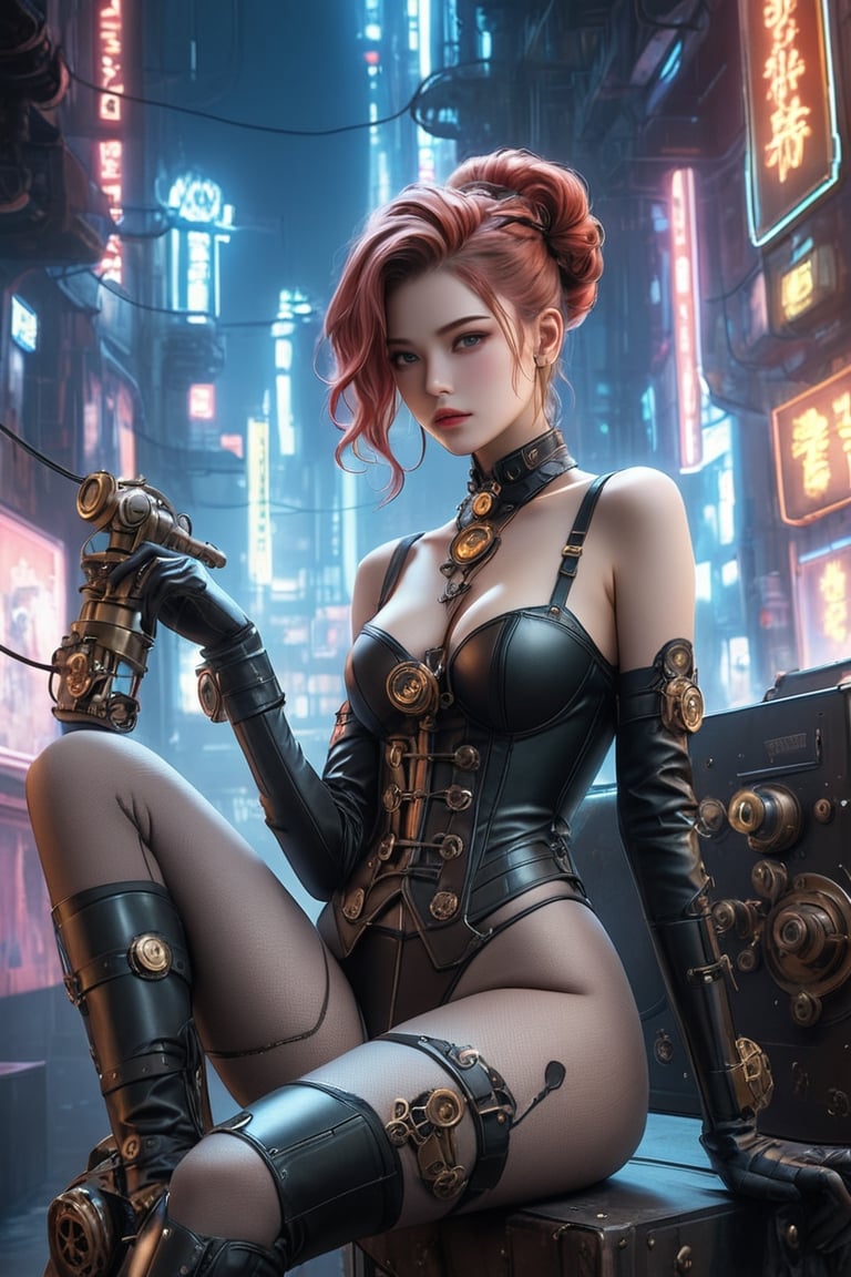 A stunning photo of a cyberpunk gamer girl dressed in a steampunk-inspired outfit. She is wearing a alluring black corset adorned with brass gears, sexy fishnet stockings, and knee-high leather boots, with a black and red hairstyle. A steampunk-inspired gaming console sits on her lap, with neon lights and wires intertwining around her legs. The background is a futuristic, dark, and moody cityscape with towering buildings and neon signs. The overall atmosphere of the photo is sensual, mysterious, and alluring, photo