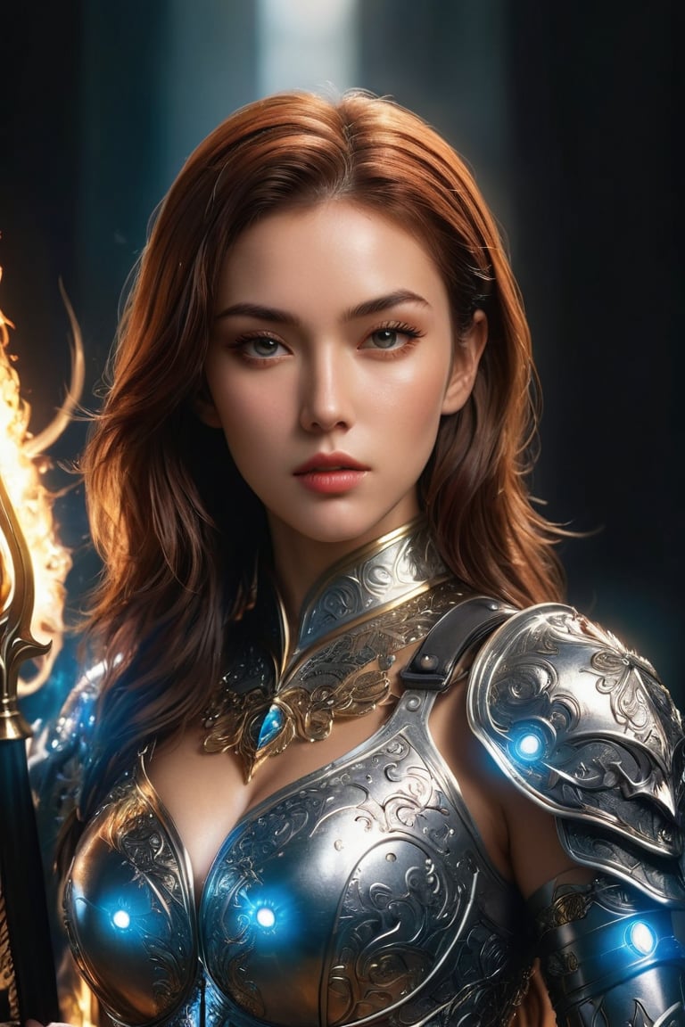 ((masterpiece)), ((best quality)), (((photo Realistic))), (portrait photo), (8k, RAW photo, best quality, masterpiece:1.2), (realistic, photo-realistic:1.3), A highly detailed and intricate female warrior with flowing brunette golden hair that seems to be ablaze, giving off an intense, fiery glow. She is adorned in intricately designed silver armor, which reflects light and has ornate patterns. The armor covers her entire body, including her arms, chest, and legs. She stands confidently In front of her, she clutches a shiny sharp spear in the form of a trident in her hand, exuding an aura of strength and determination. The background is dark, emphasizing the luminosity of her hair and the shine of her armor. She has long eyelashes and a beautiful face with sharp features. 30-megapixel, Canon EOS 5D Mark IV DSLR, 85mm lens, sharp focus, long exposure time, f/8, ISO 100, shutter speed 1/125, diffuse backlighting, fashion, cinematic, dark fantasy, portrait photography, ,xxmixgirl