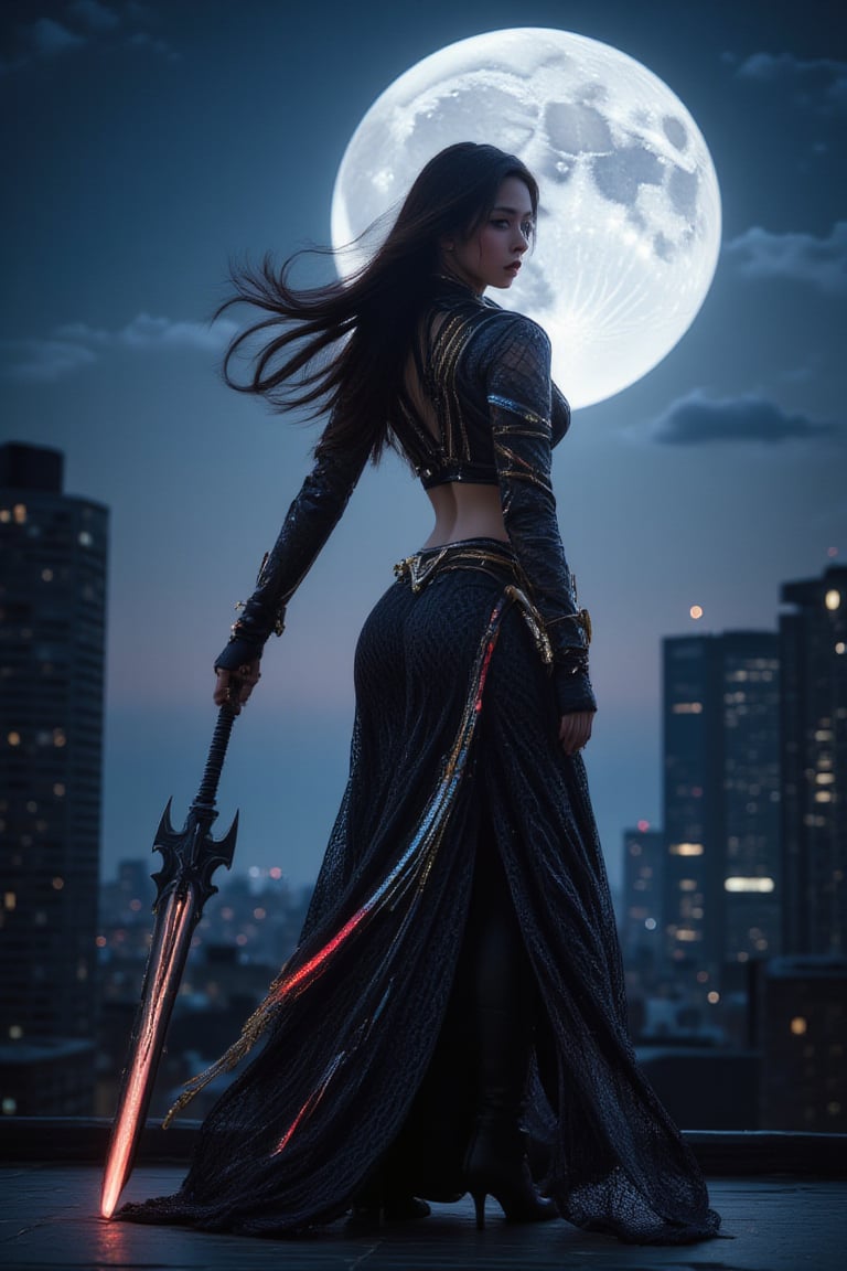 A cinematic shot of Katarina standing on a rooftop under a well-lit moon night sky. She has long loose spreading hair and is wearing a black mesh outfit with gleaming white, silver and red streaks, as well as golden accents. She is holding a black metal staff with a glowing tip. The background contains skyscrapers and the full moon features cool tones, enhancing the dramatic, vivid atmosphere., eye-catching, highly detailed.