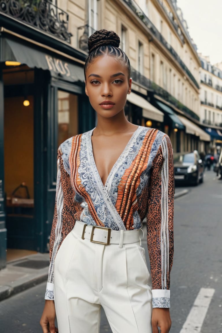 A photo of a young African American female model with cornrows and brown eyes, reflecting a sophisticated contemporary style. Her outfit fuses traditional Nigerian Ankara and aso-oke textile. The setting includes a street in Paris, enhancing the elegant and dynamic atmosphere. The model poses confidently, captured on film with sharp focus. The shirt and combat trousers feature reflective strips on the shirt, zipper and buckle details, an asymmetrical neckline, and ankara and neon accents.