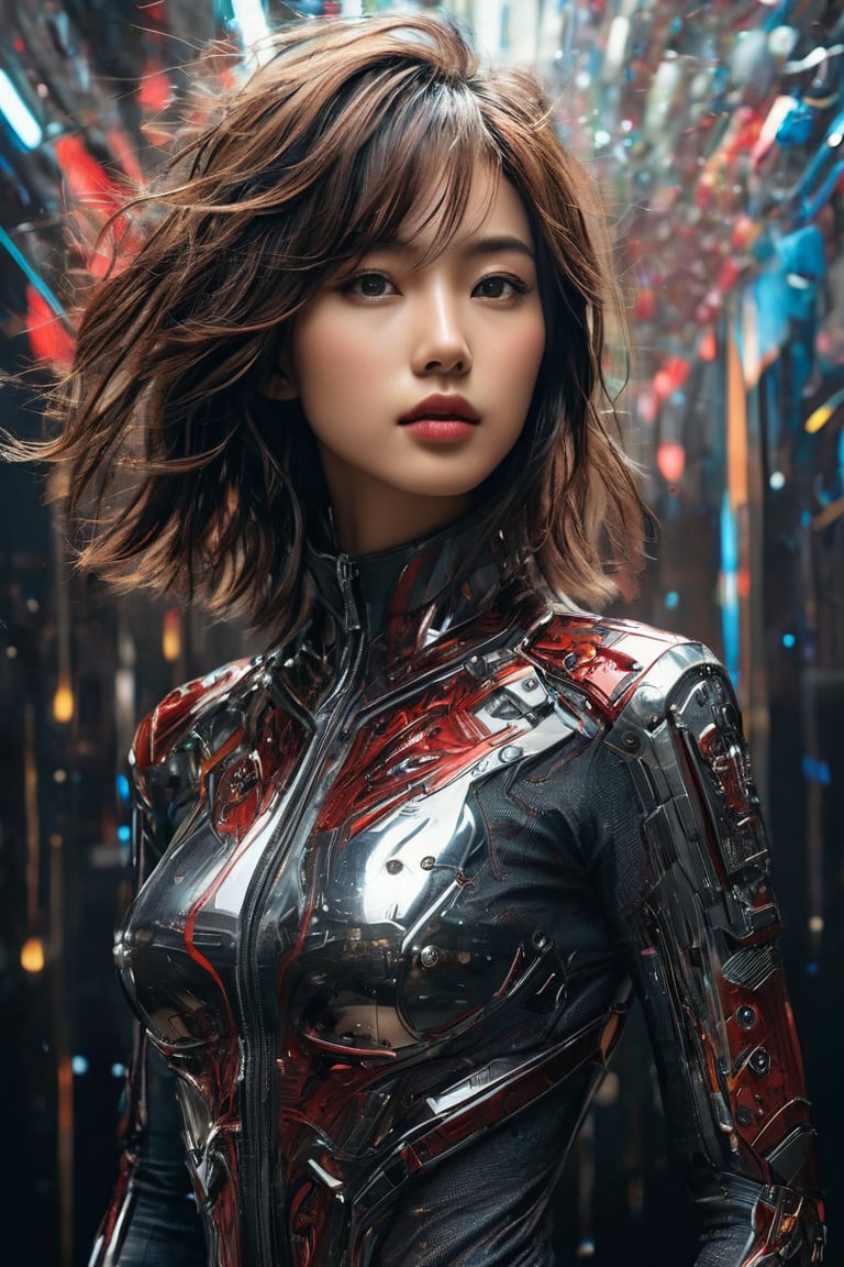 hyperrealistic, a masterpiece, (1girl), (full body), (futuristic sci-fi bodysuit), Beautiful young Korean woman, kpop idol, (Cute Loose Bob hairstyle), symmetrical eyes, realistic, sharp focus, HD, highly detailed, intricate, photography, hyperrealism, hyperrealistic, film, studio portrait, detail, dramatic lighting, (red lips), (small breasts), (toned stomach), smooth, sharp focus, art by Carne Griffiths and Wadim Kashin, unique design suit, award winning photography, masterpiece movie poster