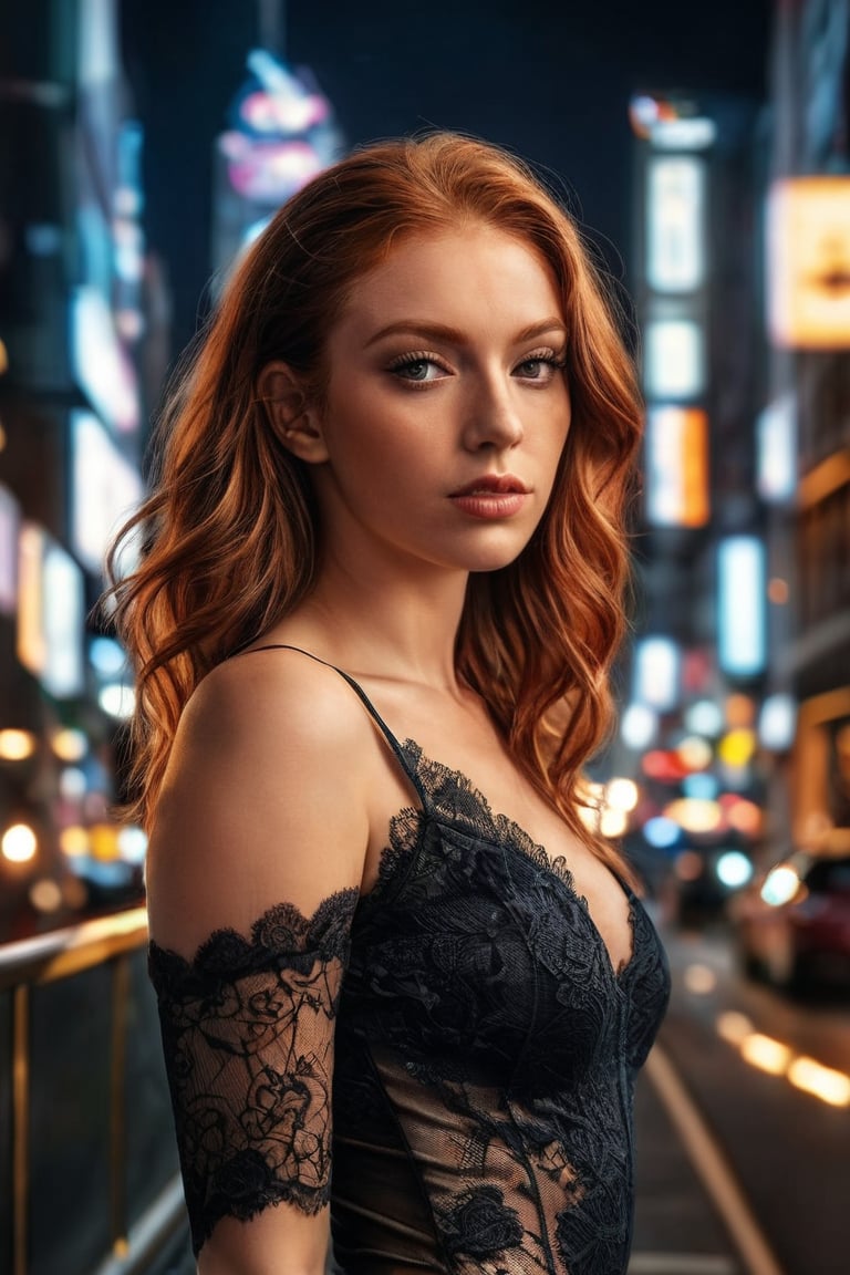 ((masterpiece)), ((best quality)), (((photo Realistic))), (portrait photo), (8k, RAW photo, best quality, masterpiece:1.2), (realistic, photo-realistic:1.3). An attractive young alluring ginger woman. She is wearing a tight black lace bodysuit. She is The photo is taken with a high-resolution camera. The scenic background includes city lights, 8k, ultra-detailed, sharp focus, 8k, high definition, insanely detailed, intricate:1.1) The scene is vibrant and busy, focusing on women's activity and clothing.