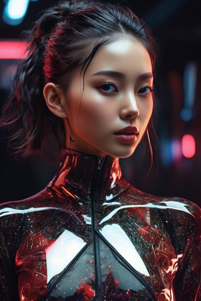 hyperrealistic, a masterpiece, (1girl), (full body), (futuristic sci-fi glassy transparent bodysuit with hollow crop cut), Beautiful young Korean woman, kpop idol, (Cute Loose Bob hairstyle), symmetrical eyes, realistic, sharp focus, HD, highly detailed, intricate, photography, hyperrealism, hyperrealistic, film, studio portrait, detail, dramatic lighting, (red lips), (small breasts), (toned stomach), smooth, sharp focus, art by Carne Griffiths and Wadim Kashin, unique design suit, award winning photography, masterpiece movie poster