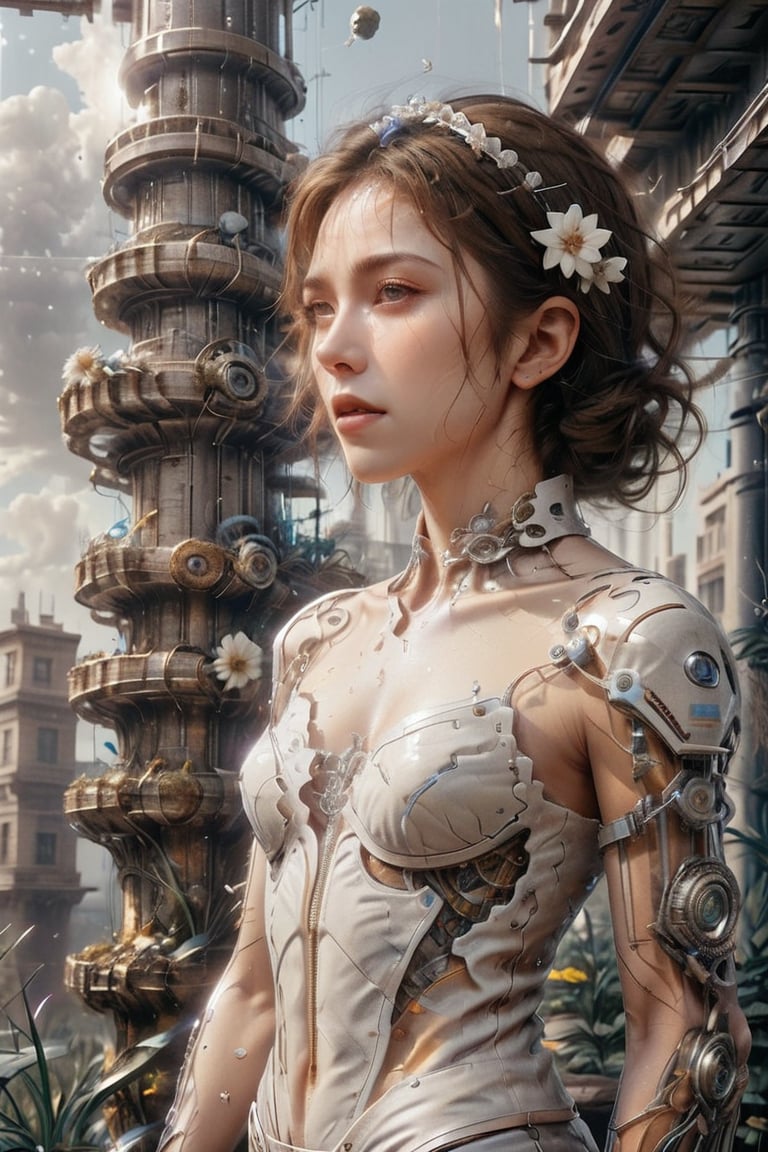 ((masterpiece)), ((best quality)), (((photo Realistic))), A mesmerizing ultra-high-definition image of a stunning cyborg young woman in a dreamlike, futuristic world. She gracefully bends down to pick the last remaining white flower amidst the ruins of a post-apocalyptic landscape. The cyborg's sleek, metallic body contrasts beautifully with the vibrant, ethereal flower, symbolizing hope in a desolate environment. The masterful use of light and shadows creates a mesmerizing atmosphere, while the impeccable composition and realistic representation make this a stunning  movie still.,cyborg,glitter,xxmix_girl