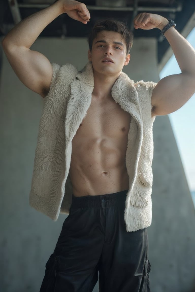 A solo young Irish boy, 18 years old and a muscular athlete, stands flexing his physique in a studio setting. He wears a fluffy white coat that showcases his toned body, paired with oversized black pants. The studio light beam casts a straight line, illuminating his facial features and highlighting the freckles on his blue eyes. Shot from above, looking down, this sceneric photography captures the boy's confident pose, exuding realism and quality.