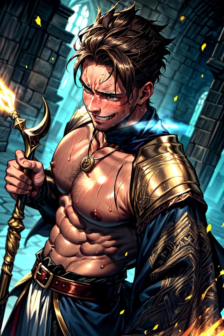 handsome and cute boy, medieval clothes style, solo boy, (((age: 18 years old))), brown skin, boy, showing muscle and abs body, wizard, magician,  (((sweating))), grinning, wide-shot, depth focus solution, Magical Staff, fighting, magical beam power shooting, medieval era