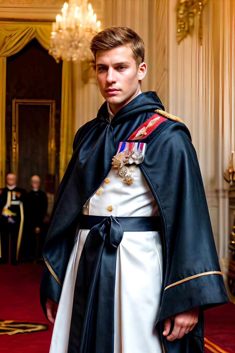 Solo male, the combination face of British royalty bloodline, royalty symbols detailed, A handsome boy, prince wearing detailed detailed royalty symbols strand cloak, royal star crossed medals, royalty red combination white military suit, with honor medals, British honor medals, muscle body, brown eyes, brown hair style, photography, at royal ball, standing in royal throne room with magnificent detailed, depth focus detailed, surround by multiple people, high quality,flower4rmor, taken by Canon 6D Mark VII, color refined by Adobe Lightroom,marb1e4rmor,marble