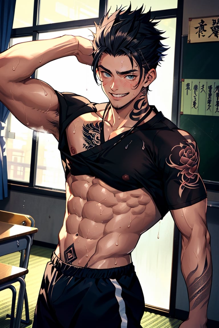 a boy, cute boy, Japanese high school uniform, muscle and abs, smiling with tounge pick out, seduced body, beautiful eyes, changing high school clothes, in the classroom, baddy, naughty boy, stylish hair, sweating after a training class, yakuza tattoos cover all over body