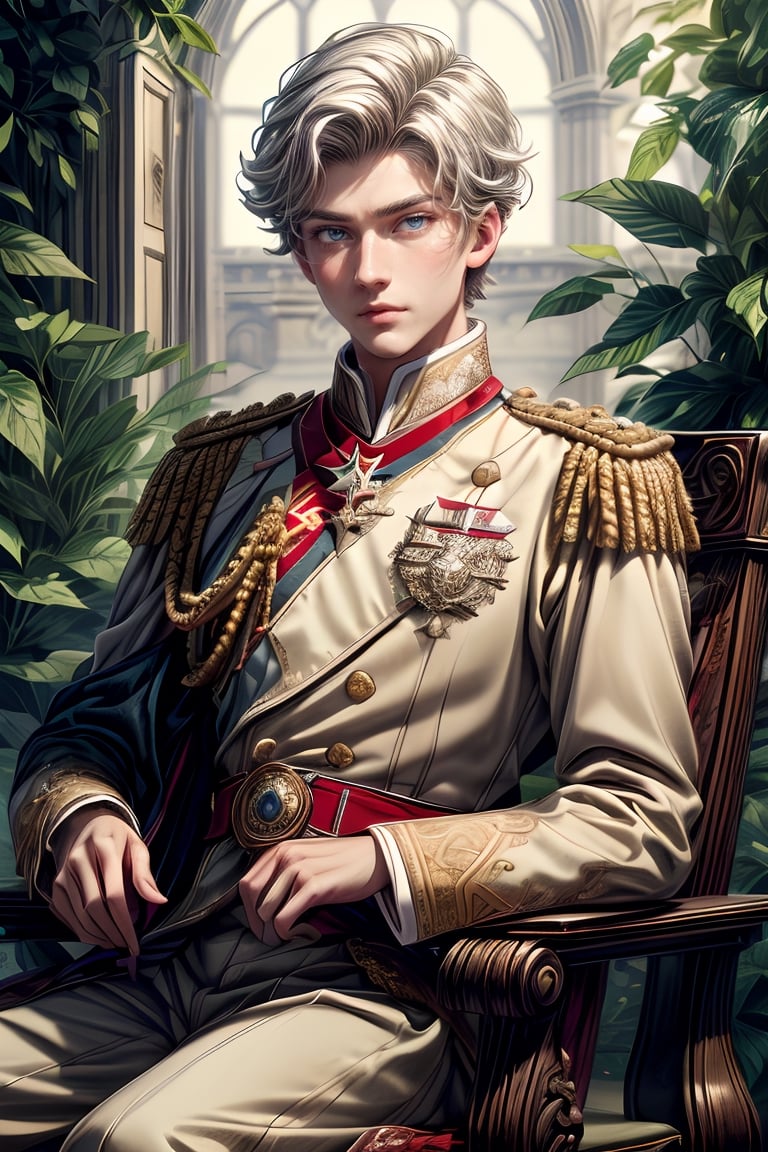 Solo young boy white hair, ancient prince, European Prince, the heir, the combination face of male royalty bloodline, (((ornate oak leaf gold embroidered strand fabric uniform))), (((botanical straight line pattern on front clothes))), "golden botanical pattern on royalty cloak", royalty symbols detailed, a handsome young boy, (((prince wearing detailed detailed royalty pattern botanical symbols))), (((royalty star-crossed medals))), (((royalty crossed medals))), royalty combination white military suit, (("and golden botanical embroidery detailed on uniform")), with the order of royalty house, with honorable medals, British honorable medals, red strand crossed over the shirt from shoulder to hip, muscle body, "brown eyes, beautiful white hair style", portrait photography, at royal garden tree, in royal garden with magnificent detailed, sitting on the well carving wood chair, depth focus portrait detailed, high quality, taken by Canon 6D Mark VII, color refined by Adobe Lightroom, vintage color enhanced, soften light created, shimmering light, dreamy, dreamy effect, old-money effected, high detail, 1 handsome young man real human skin, vivid details, (realistic, photorealistic: 1.37), a photorealistic of male model, Thick eyebrows, beautiful and thick lips, blue eyes, fantasy royalty emblems, (((super_detail_face))),1boy,nodf_lora,Npzw