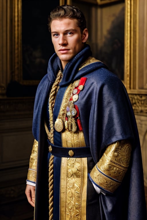 European male, British royalty, A handsome charming prince wearing detailed detailed royalty rope cloak, golden honor medals, muscle body, brown eyes, photography, 