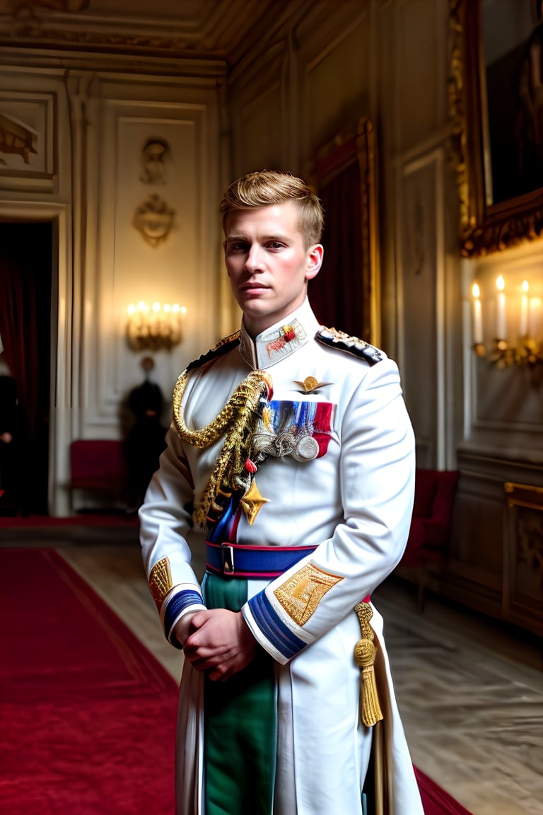 Solo male, the combination face of British royalty bloodline, royalty symbols detailed, A handsome boy, prince wearing detailed detailed royalty symbols, royal star crossed medals, royalty red combination white military suit, with honor medals, British honor medals, muscle body, brown eyes, brown hair style, photography, at royal ball, standing in royal throne room with magnificent detailed, depth focus detailed, surround by multiple people, high quality,flower4rmor, taken by Canon 6D Mark VII, color refined by Adobe Lightroom,marb1e4rmor,marble