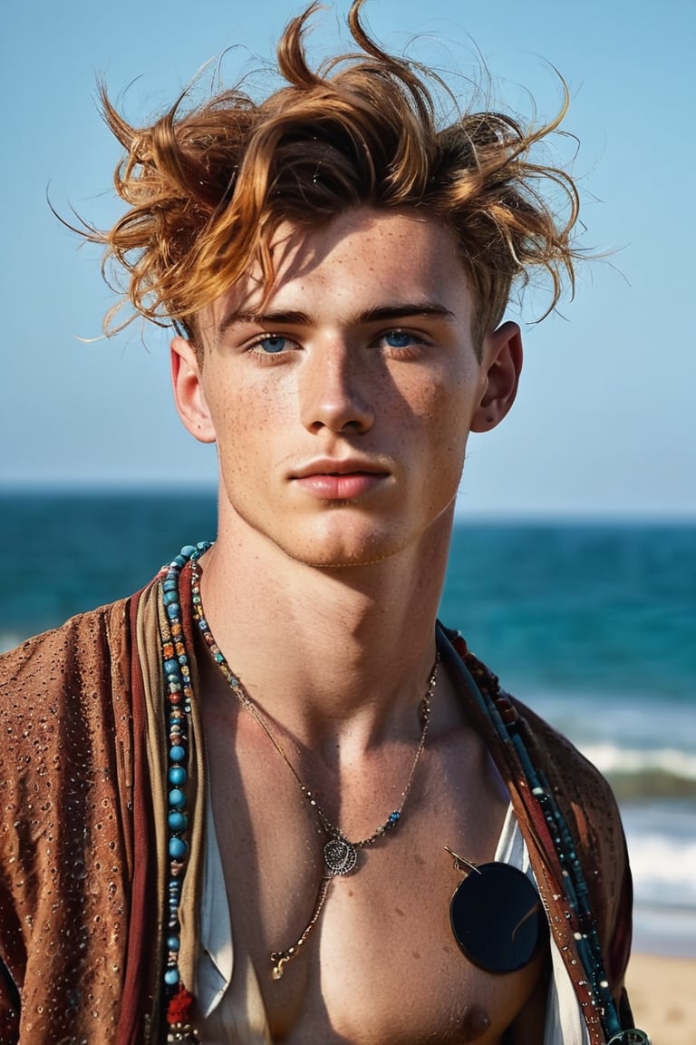 ((European male)), young, ((25 years old)), ((high school boy)), handsome, ((wave hair)), blue eyes, ((jawline)), ((freckle whole body)), ((showing upper body)), open upper chest, ((bohemian clothes style)), bohemian jewelry