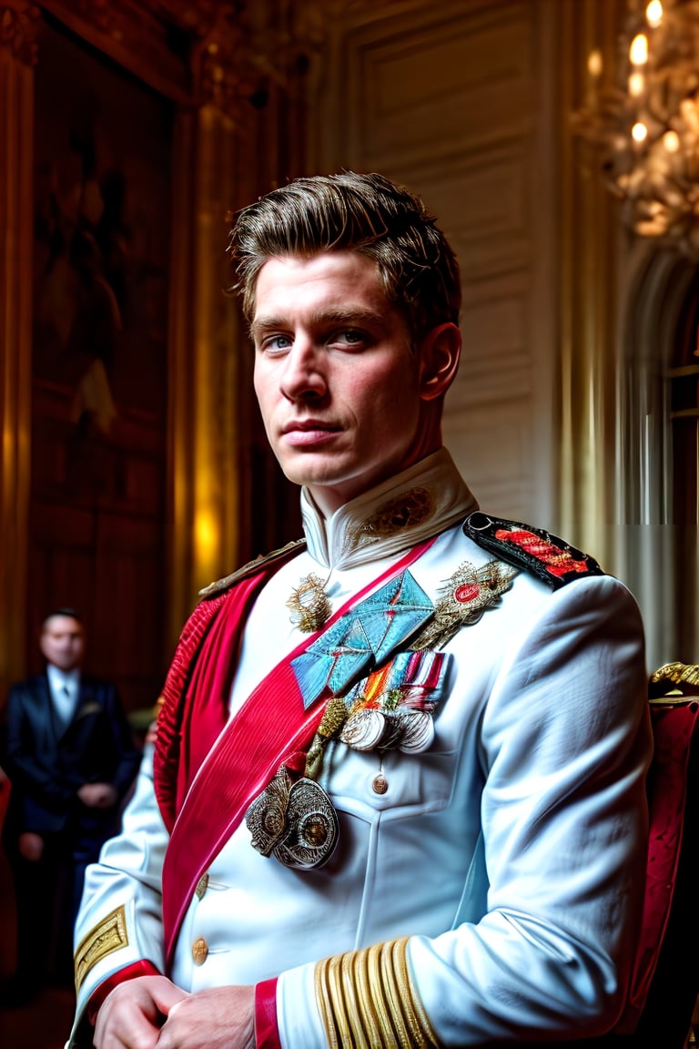 Solo male, the combination face of British royalty bloodline, royalty flowers and feathers symbols detailed, A handsome boy, prince wearing detailed detailed royalty symbols red strand 
, royal star crossed medals, royalty red combination white military suit, with honor medals, British honor medals, muscle body, brown eyes, brown hair style, photography, at royal ball, standing in royal throne room with magnificent detailed, depth focus detailed, surround by multiple people, high quality,flower4rmor, taken by Canon 6D Mark VII, color refined by Adobe Lightroom,marb1e4rmor,marble