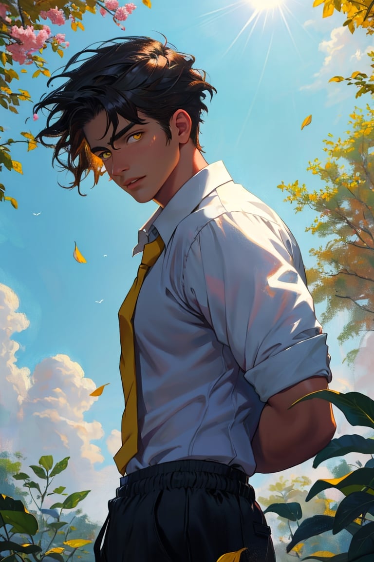 solo young boy, teenager, Greek boy, nerd, looking at viewer, hairstyled, hair flying in the wind, looking directly to the viewer, shirt, 1boy, closed mouth, white shirt, upper body, standing in mystery royal garden, collared shirt, lips, yellow eyes, wind blowing, leafs falling, plants cover body, dreamer effect, cinematic, Masterpiece,oil painting,classic painting, sunshine, sun light effection,Masterpiece