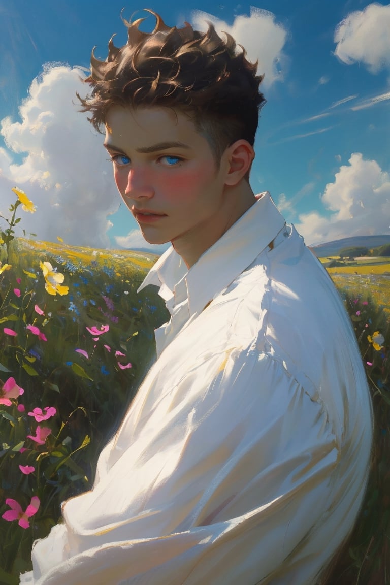 solo young boy, short hair, 1boy, cute boy, teenager boy, Greek boy, looking around, blue_eyes, white collared shirt, portrait, male focus, upper_body, sky, cloud, wild flowers field blooming, blushing, dreamy, dreamer, shimmering, depth focus information