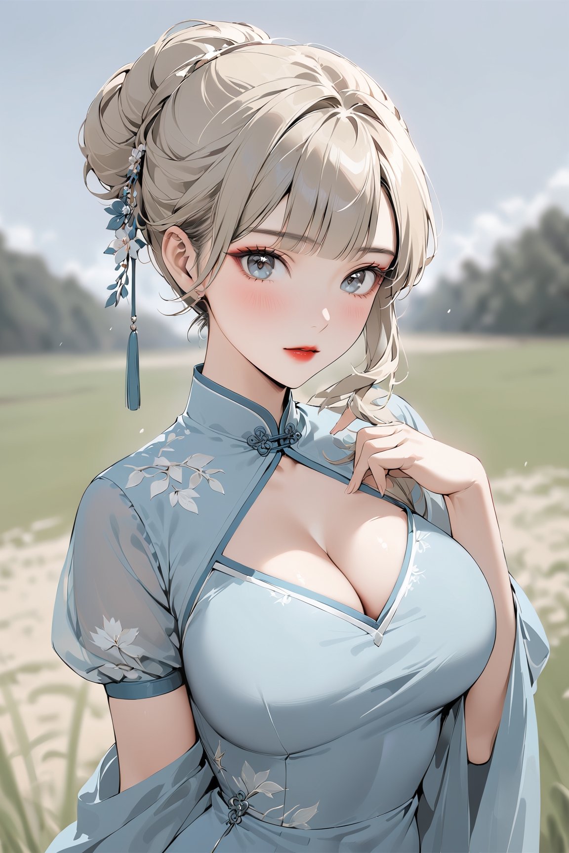 1 girl, solo, blonde hair, high bun hair, blunt bangs, 
20 yo, (cheongsam), 
black tulle puff sleeves, petite body, light makeup, 
colorful, realisitc, blurry background, look at viewer, 
muted colors, soothing tones, 
high contrast, cleavage,
sky background, big breast, on a open field, 
sexy pose, cowboy shot,  
red lip, close mouth, blush, ,ColorART, HanFu