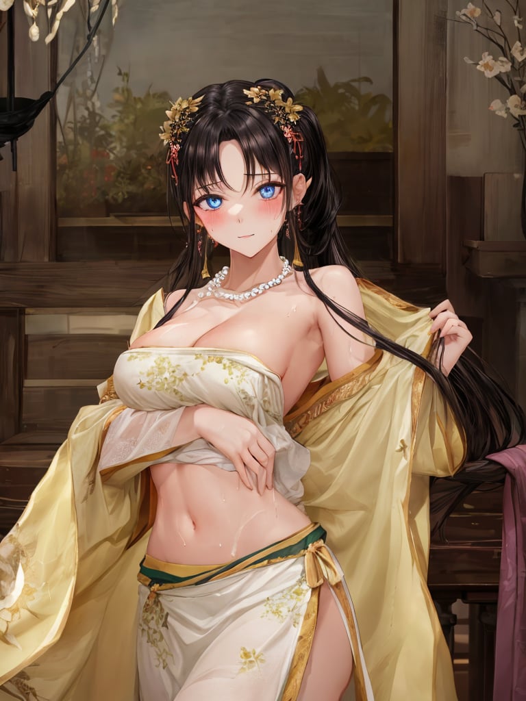 (((1 girl))),(low cut),(cleavage),(NSFW),black hair.cleavage squeeze.cleavage.wooden house interior.
One of the three girls is wearing revealing clothing.
side ponytail,large breasts,hanfu,chinese clothes,upper body drawing,looking at viewer, adorned in stunning ancient traditional Hanfu attire, with intricate patterns and ornate details. Off the shoulders, low cut,showcasing lush skin. sweat glistening on faces. shy,blush. A pearl necklace adorns necks. Mesmerizing eyes convey mystery and seduction. Elegant and charming, with a slender figure and full of mystery.,floral print,high detail eyes,incredibly absurdres,best quality,masterpiece