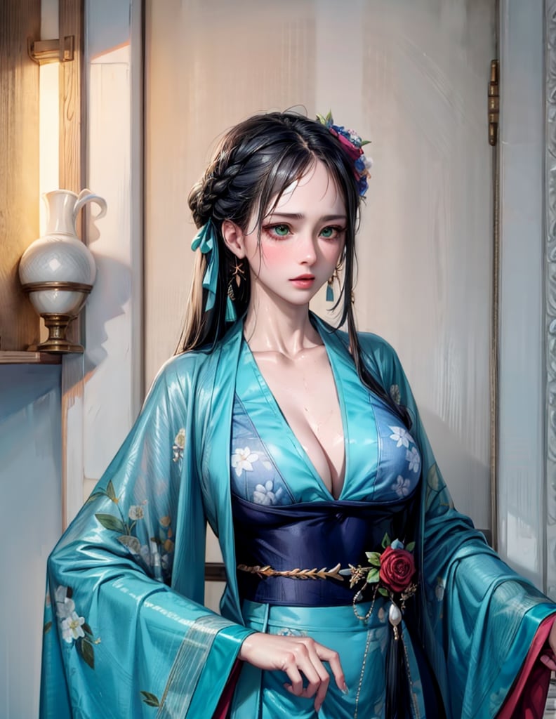 (low cut),(cleavage),(NSFW),black hair,hand touching chest.cleavage squeeze.cleavage.wooden house interior.One of the three girls is wearing revealing clothing.side ponytail,large breasts,hanfu,chinese clothes,upper body drawing,looking at viewer, adorned in stunning ancient traditional Hanfu attire, with intricate patterns and ornate details. Their long hair flows like silk, with one sister sporting a mesmerizing multicolored hime cut. they have natural big breasts. Off the shoulders, low cut,showcasing lush skin. sweat glistening on their faces. shy,blush. A pearl necklace adorns their necks, drawing attention to their radiant green eyes. Masterpiece-quality 8K visuals capture every detail, including the soft pink hue of their cheeks and the luscious texture of their hair. Mesmerizing eyes convey mystery and seduction. Elegant and charming, with a slender figure and full of mystery. Among the three sisters, one looks more mature, sexy, and attractive, one looks younger, and the other looks sick.Among the three sisters, one is wearing red clothes, one is wearing white clothes, and the other is wearing black clothes.realhands,myhanfu,white hanfu,embroidered flower patterns,floral print,anime,girl,sexy,Aino_Minako, score_9_up,score_9,Anime