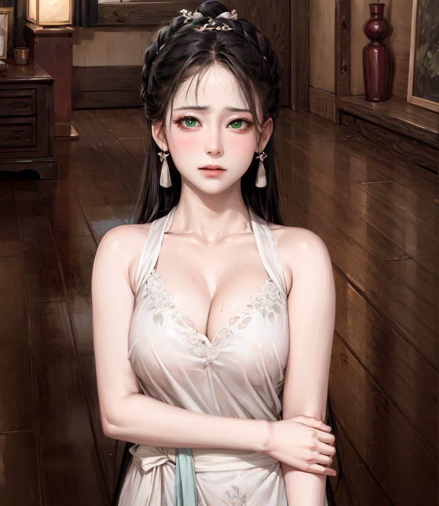 ((pink color hanfu)),(low cut),(cleavage),(NSFW),black hair,hand touching chest.cleavage squeeze.cleavage.wooden house interior.One of the three girls is wearing revealing clothing.side ponytail,large breasts,hanfu,chinese clothes,upper body drawing,looking at viewer, adorned in stunning ancient traditional Hanfu attire, with intricate patterns and ornate details. Their long hair flows like silk, with one sister sporting a mesmerizing multicolored hime cut. they have natural big breasts. Off the shoulders, low cut,showcasing lush skin. sweat glistening on their faces. shy,blush. A pearl necklace adorns their necks, drawing attention to their radiant green eyes. Masterpiece-quality 8K visuals capture every detail, including the soft pink hue of their cheeks and the luscious texture of their hair. Mesmerizing eyes convey mystery and seduction. Elegant and charming, with a slender figure and full of mystery. Among the three sisters, one looks more mature, sexy, and attractive, one looks younger, and the other looks sick.Among the three sisters, one is wearing red clothes, one is wearing white clothes, and the other is wearing black clothes.realhands,myhanfu,white hanfu,embroidered flower patterns,floral print,anime,girl,sexy,Aino_Minako, score_9_up,score_9,Anime