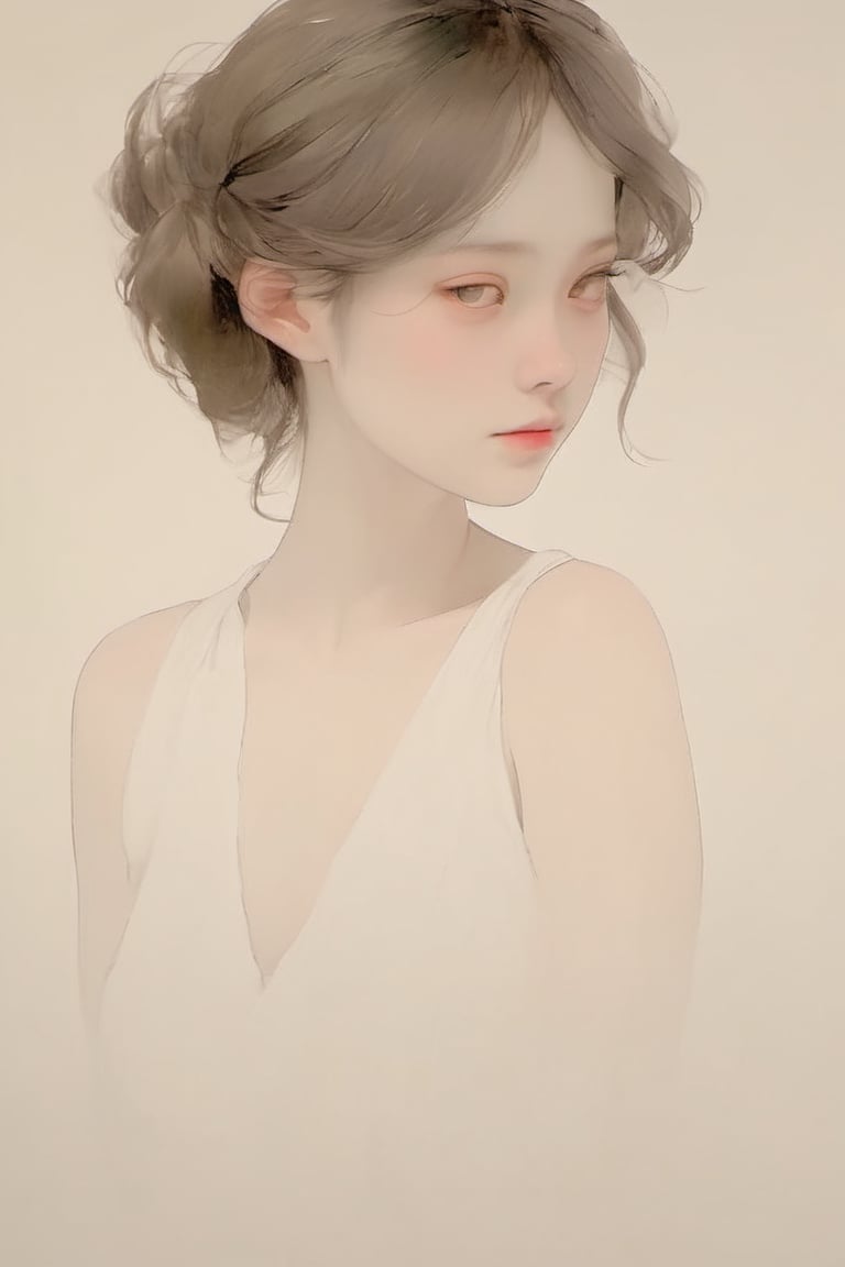 (Best quality, High quality, masterpiece, Artistic, Artistic painting, Painting Naturally, Modernism art, Watercolor, watercolor pencil painting, ligne_claire, Illustration), bare shoulder, 1 girl, deep v neck dress, (Painted by 3 person that is Egon Schiele and Pablo Picasso and John Barkey), stylized art,Asian Girl,Model,Close-up Pussy