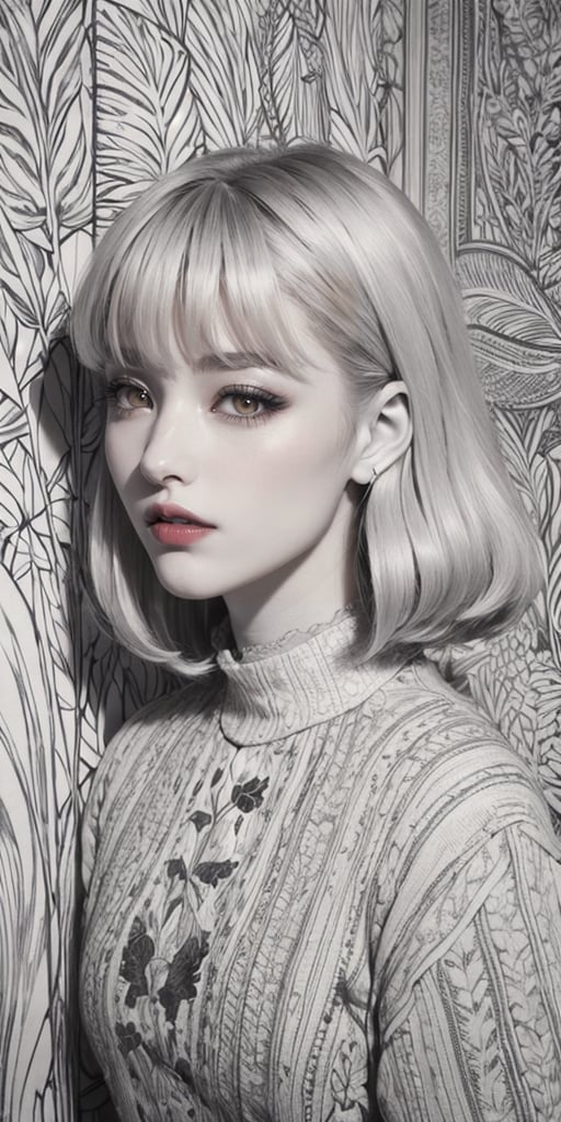 a flat lineart of a young beautiful european girl leaning against colorful wall printed botanial patterns at pop-style Private Rooms,kind smile,bangs,messy short-bob,detailed realistic dark clothes,soft tone,only in four colors,a ncg,Illustration