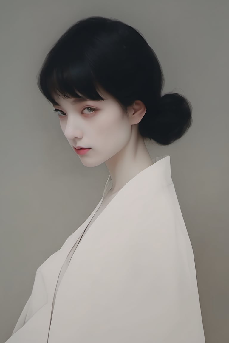 (Best quality, High quality, masterpiece, Artistic, Artistic painting, Painting Naturally, Modernism art, Watercolor, watercolor pencil painting, ligne_claire, Illustration), bare shoulder, 1 girl, deep v neck dress, (Painted by 3 person that is Egon Schiele and Pablo Picasso and John Barkey), stylized art,Asian Girl,Model