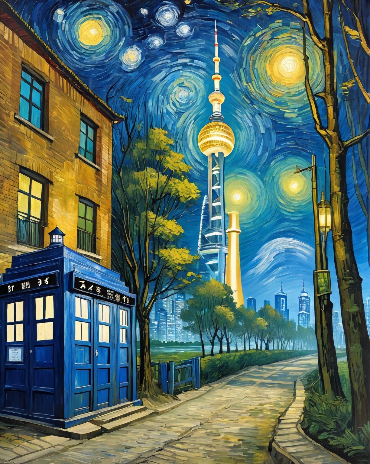 painting in the style of vincent van gogh, viewer on side the side of a road leading to shanghai,  Oriental Pearl TV Tower in the center background, the only water in the forest is the river, at night, far in the distance there is the tardis from doctor who, british blue police box