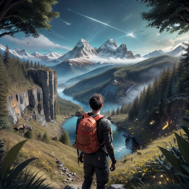 Adventurous man looking at the mountains landscape, with his backpack and rescue suit,comic book,firefliesfireflies