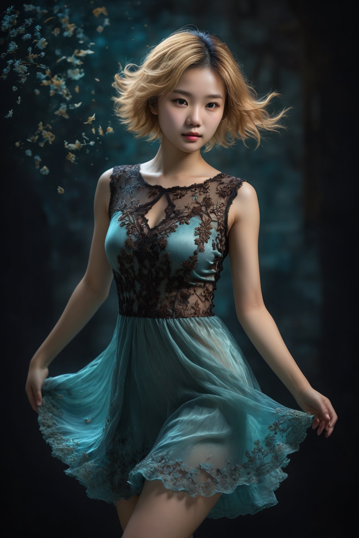 HONG KONG Girl ((September Ai)) with brown colour skin, AQUA short messy golden hair, 

(best quality, highres, masterpiece:1.2), ultra-detailed, realistic:1.37, HDR, velvet black lace dress, graceful floating, mesmerizingly ethereal, delicate movement, ethereal lighting, enchanting atmosphere, portrait, professional, vivid colors, soft focus, elegant beauty, dark background
