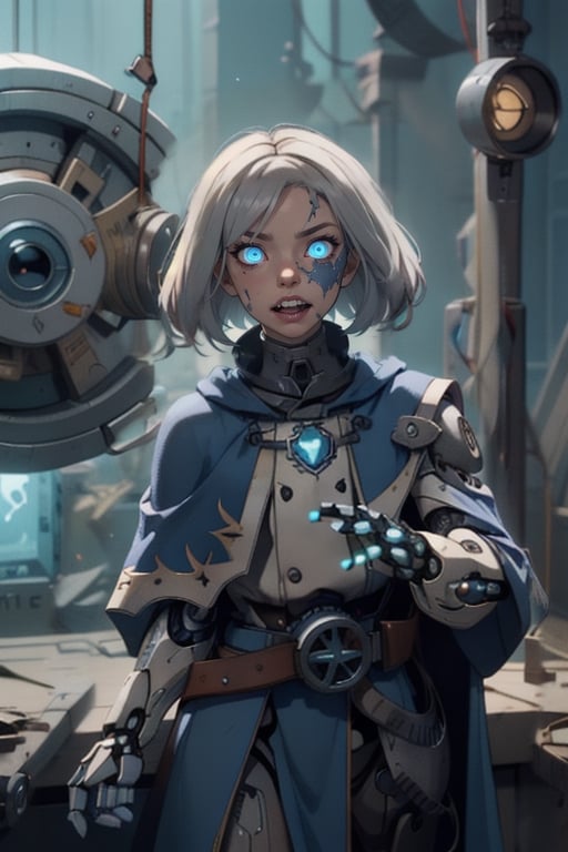 female, gnome, android, clockwork, rouge,fantasy, robot_girl, grey hair, blue eyes , cloak, darker skin, glowing eyes , gears , assassin, thief, autognome,mechagnome, robot,fembot,QRobot, no skin to see, dungeons_&_dragons, dark fantasy, old style, clock , gear