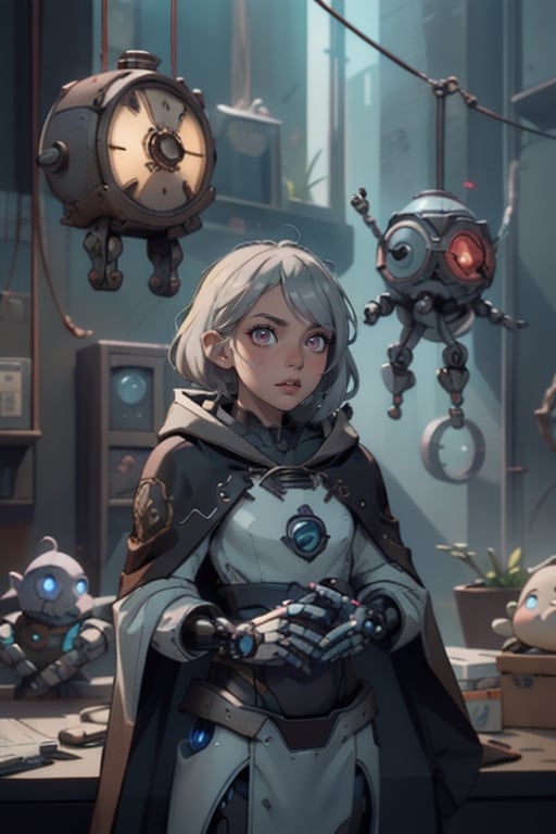 female, gnome, android, clockwork, rouge,fantasy, robot_girl, grey hair, blue eyes , cloak, darker skin, glowing eyes , gears , assassin, thief, autognome,mechagnome, robot,fembot,QRobot, no skin to see, dungeons_&_dragons, dark fantasy, old style, clock , gear