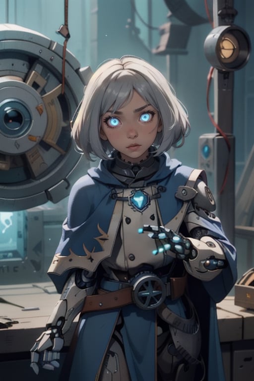 female, gnome, android, clockwork, rouge,fantasy, robot_girl, grey hair, blue eyes , cloak, darker skin, glowing eyes , gears , assassin, thief, autognome,mechagnome, robot,fembot,QRobot, no skin to see, dungeons_&_dragons, dark fantasy, old style, clock , gear