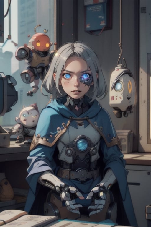 female, gnome, android, clockwork, rouge,fantasy, robot_girl, grey hair, blue eyes , cloak, glowing eyes , gears , assassin, thief, autognome,mechagnome, robot,fembot,Robot, no skin to see, dungeons_&_dragons, dark fantasy, old style, clock , gear