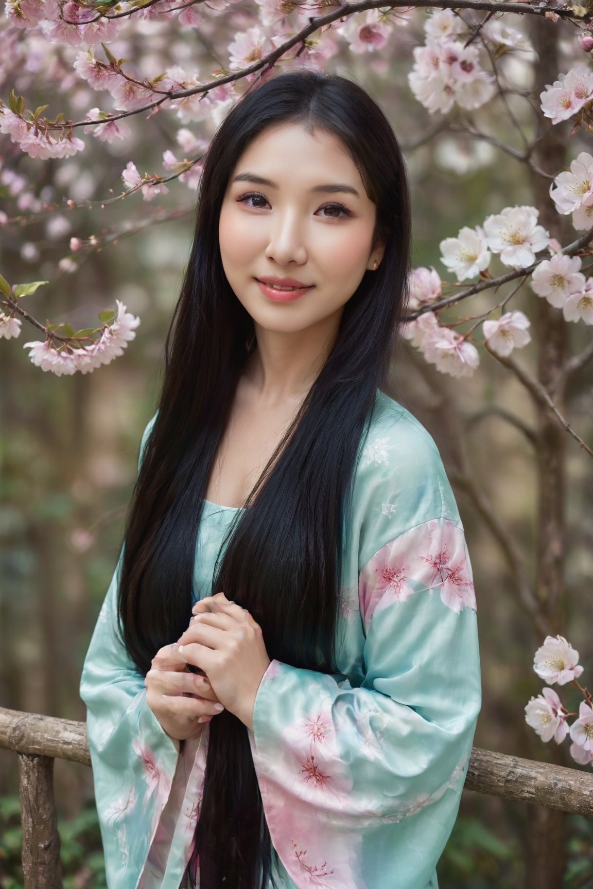 Professional portrait photo of a beautiful  woman, (Asian features:1.2), serene cherry blossom background, soft natural lighting, hyperrealistic, delicate makeup, subtle smile, (long black hair:1.3), traditional silk kimono, elegant, peaceful expression, high-resolution, cinematic.