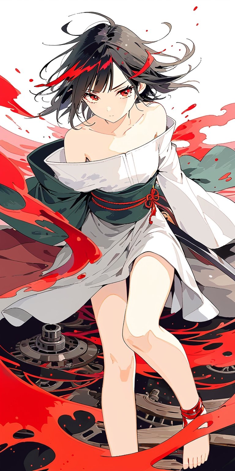 Portrait of a whole body. A black-haired lady wearing a white off-shoulder kimono, the attire is torn and tattered, with dark green silk threads, leg rings, barefoot, stained with red oil, strong wind blowing. She tilts her head, showing a murderous look, wielding a Japanese sword, eyes full of disdain, face full of hatred, pupils splattered with red ink. Transparent watercolor, alcohol coloring, chaotic rendering, wasteland style, surreal engine.