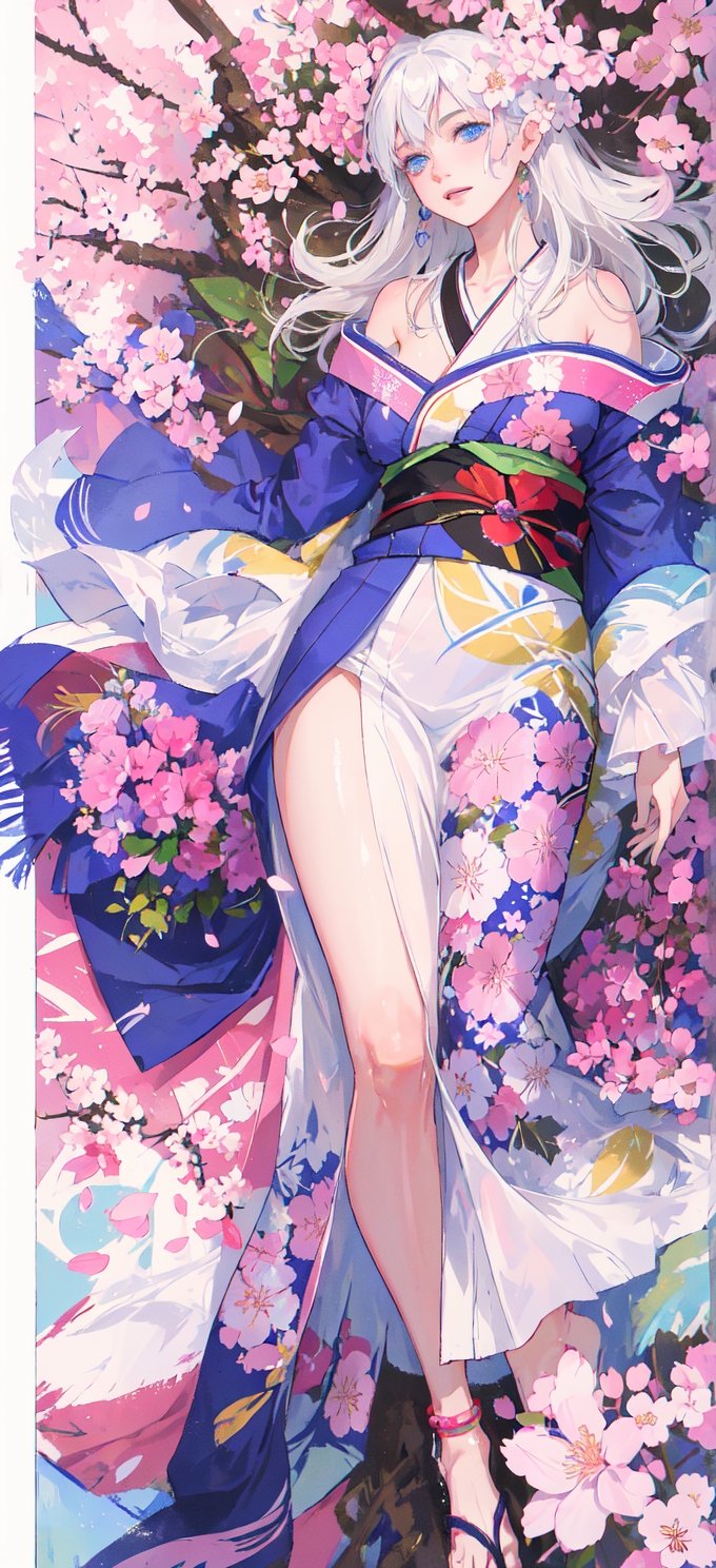 The highest image quality, excellent detail, ultra-high resolution, best illustration, attention to detail, 1girll, exquisite beautiful face, transparent light blue eyes, white hair, kimono, exposed shoulders, accessories, background cherry blossoms falling.