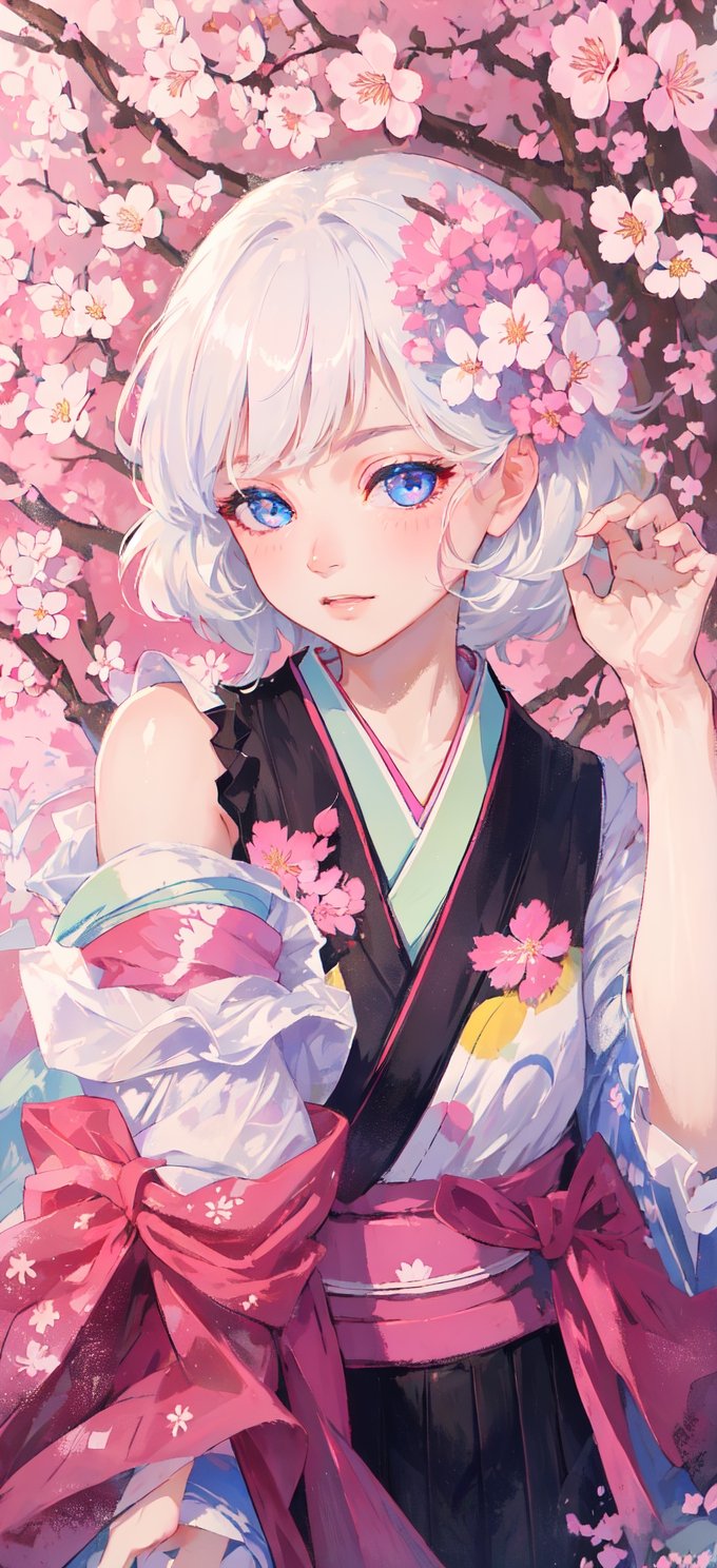 The highest image quality, excellent detail, ultra-high resolution, best illustration, attention to detail, 1girll, exquisite beautiful face, transparent light blue eyes, white hair, kimono, exposed shoulders, accessories, background cherry blossoms falling.