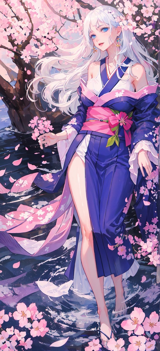 The highest image quality, excellent detail, ultra-high resolution, best illustration, attention to detail, 1girll, exquisite beautiful face, transparent light blue eyes, white hair, kimono, exposed shoulders, accessories, background cherry blossoms falling.