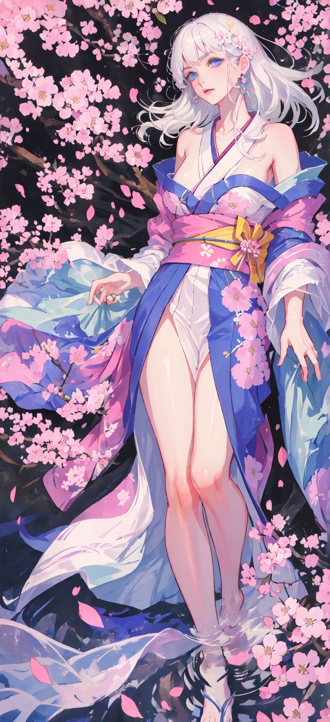 The highest image quality, excellent detail, ultra-high resolution, best illustration, attention to detail, 1girll, exquisite beautiful face, transparent light blue eyes, white hair, kimono, exposed shoulders, accessories, background cherry blossoms falling.