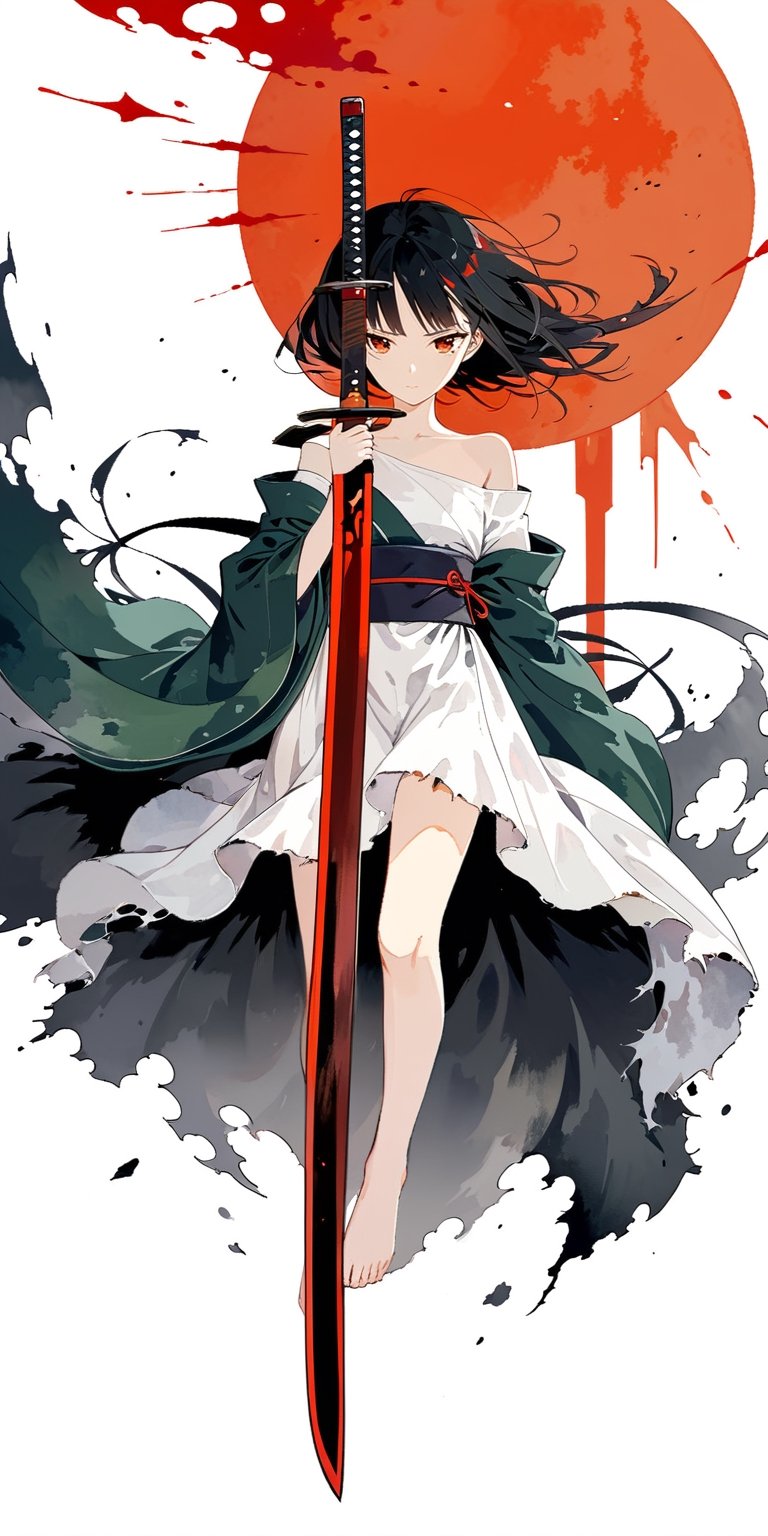 Portrait of a whole body. A black-haired lady wearing a white off-shoulder kimono, the attire is torn and tattered, with dark green silk threads, leg rings, barefoot, stained with red oil, strong wind blowing. She tilts her head, showing a murderous look, wielding a Japanese sword, eyes full of disdain, face full of hatred, pupils splattered with red ink. Transparent watercolor, alcohol coloring, chaotic rendering, wasteland style, surreal engine.