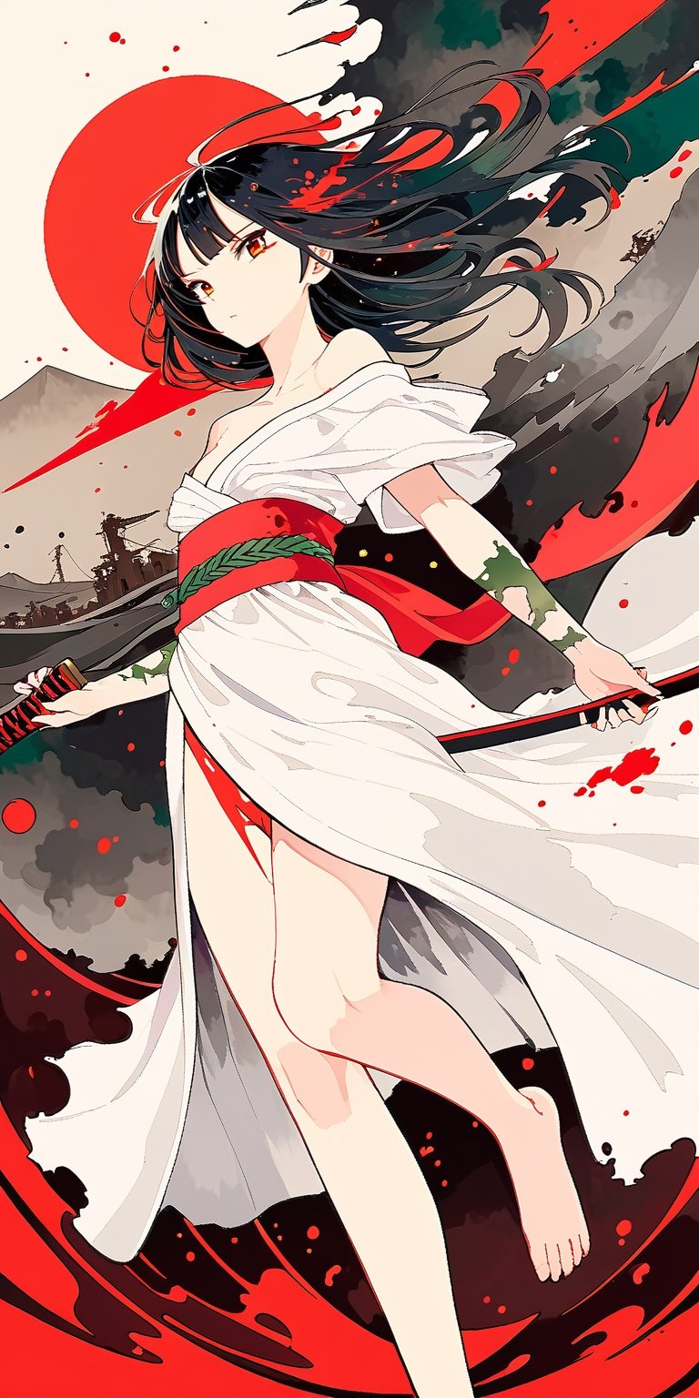 Portrait of a whole body. A black-haired lady wearing a white off-shoulder kimono, the attire is torn and tattered, with dark green silk threads, leg rings, barefoot, stained with red oil, strong wind blowing. She tilts her head, showing a murderous look, wielding a Japanese sword, eyes full of disdain, face full of hatred, pupils splattered with red ink. Transparent watercolor, alcohol coloring, chaotic rendering, wasteland style, surreal engine.