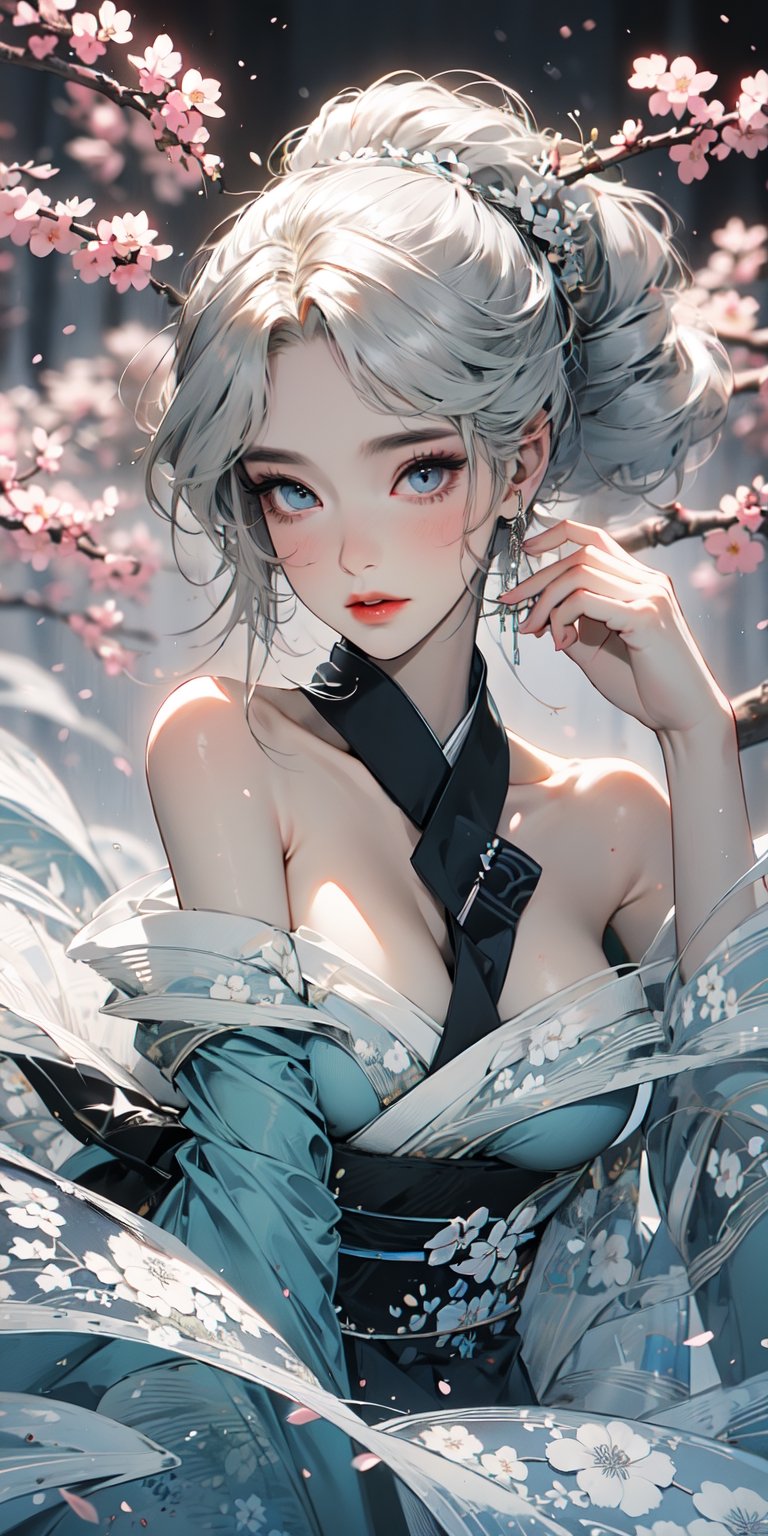 The highest image quality, excellent detail, ultra-high resolution, best illustration, attention to detail, 1girll, exquisite beautiful face, transparent light blue eyes, white hair, kimono, exposed shoulders, accessories, background cherry blossoms falling.