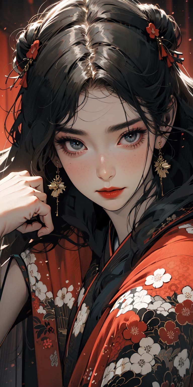 A beautiful woman with a lazy gaze, full-body view, wearing a black embroidered kimono, revealing her shoulders, black long hair, hair accessories, earrings, anklets, rich details, and ultra-high definition.