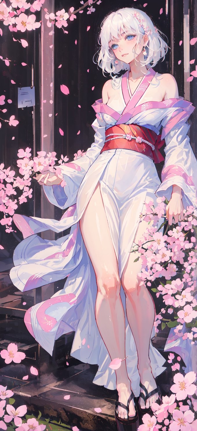 The highest image quality, excellent detail, ultra-high resolution, best illustration, attention to detail, 1girll, exquisite beautiful face, transparent light blue eyes, white hair, kimono, exposed shoulders, accessories, background cherry blossoms falling.