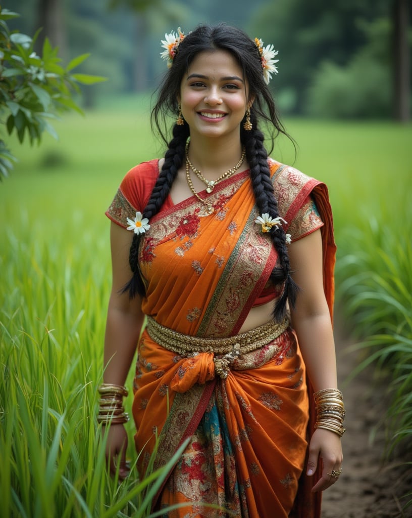 A beautiful Philippines woman with striking features is elegantly dressed as a traditional Tamil Indian woman. She wears a vibrant saree, complemented by jasmine flowers in her braided hair. With an angelic face and a warm smile, she walks gracefully through lush, green paddy fields. Her athletic build and curvy, plus-size body shape highlight her strength and grace, blending traditional elegance with a confident presence.