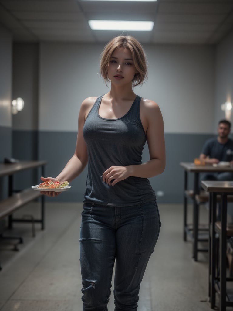 A striking curvy thick figure bodybuilder woman stands out in the prison dining hall, illuminated by fluorescent lights that accentuate her golden short haircut framing a confident face. Muscular physique reminiscent of Hulk suggests immense strength and resilience. Clad in standard prisoner uniform, she moves with grace, carrying food plate as accessory to commanding presence amidst stark setting.