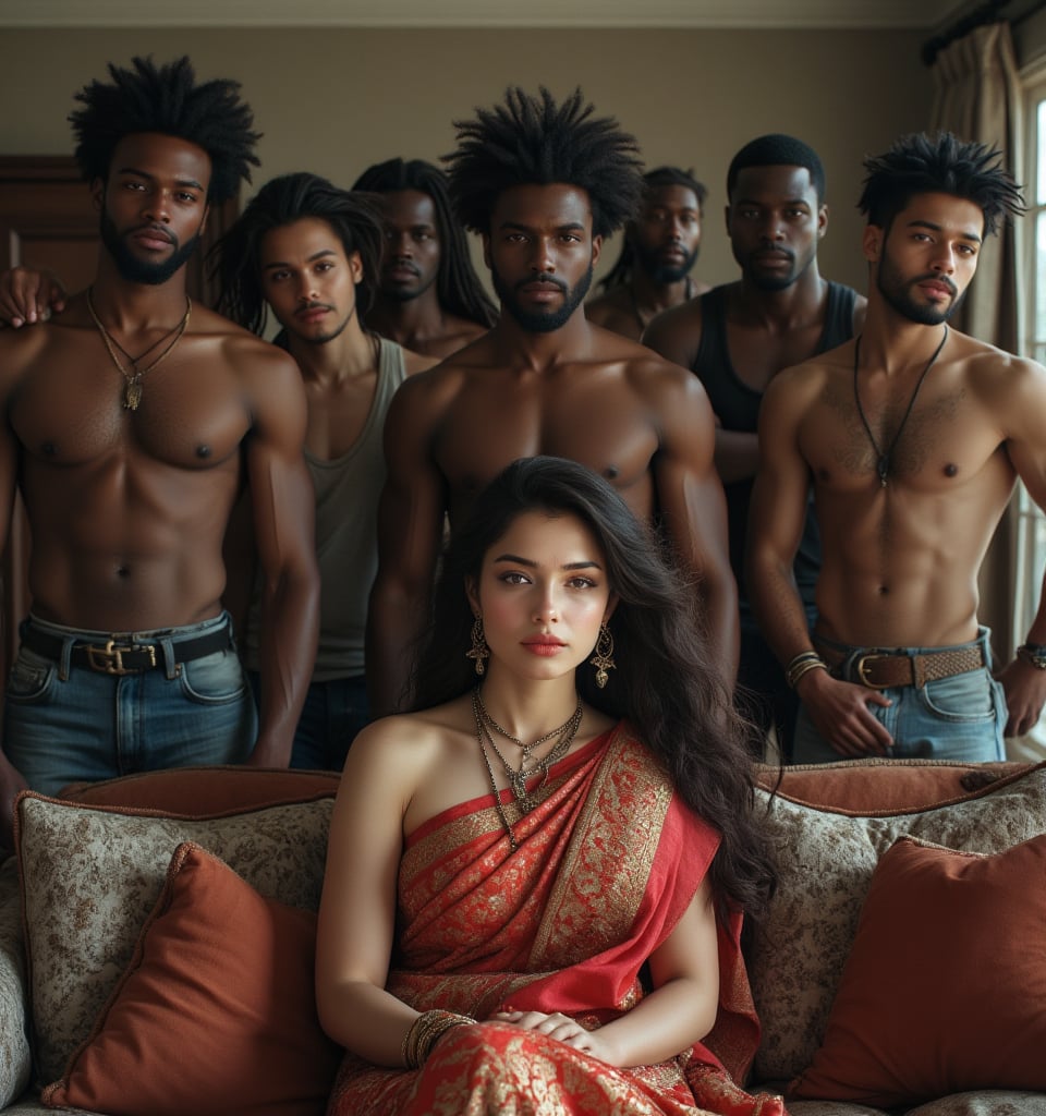 "Create an image of Draupadi, the wife of the five Pandavas, depicted as a modern  day white American middle-aged curvy woman. She is wearing a traditional saree, styled in a way that reflects her regal and dignified nature. Draupadi is seated on a sofa with an air of composure and grace. Surrounding her are her five husbands as Afro black muscular men, who are depicted with beefy, muscular body shapes, standing beside her, wore denim jeans and tanks . The scene conveys a sense of unity and strength among them. The background should be simple yet elegant and modern American design house ."