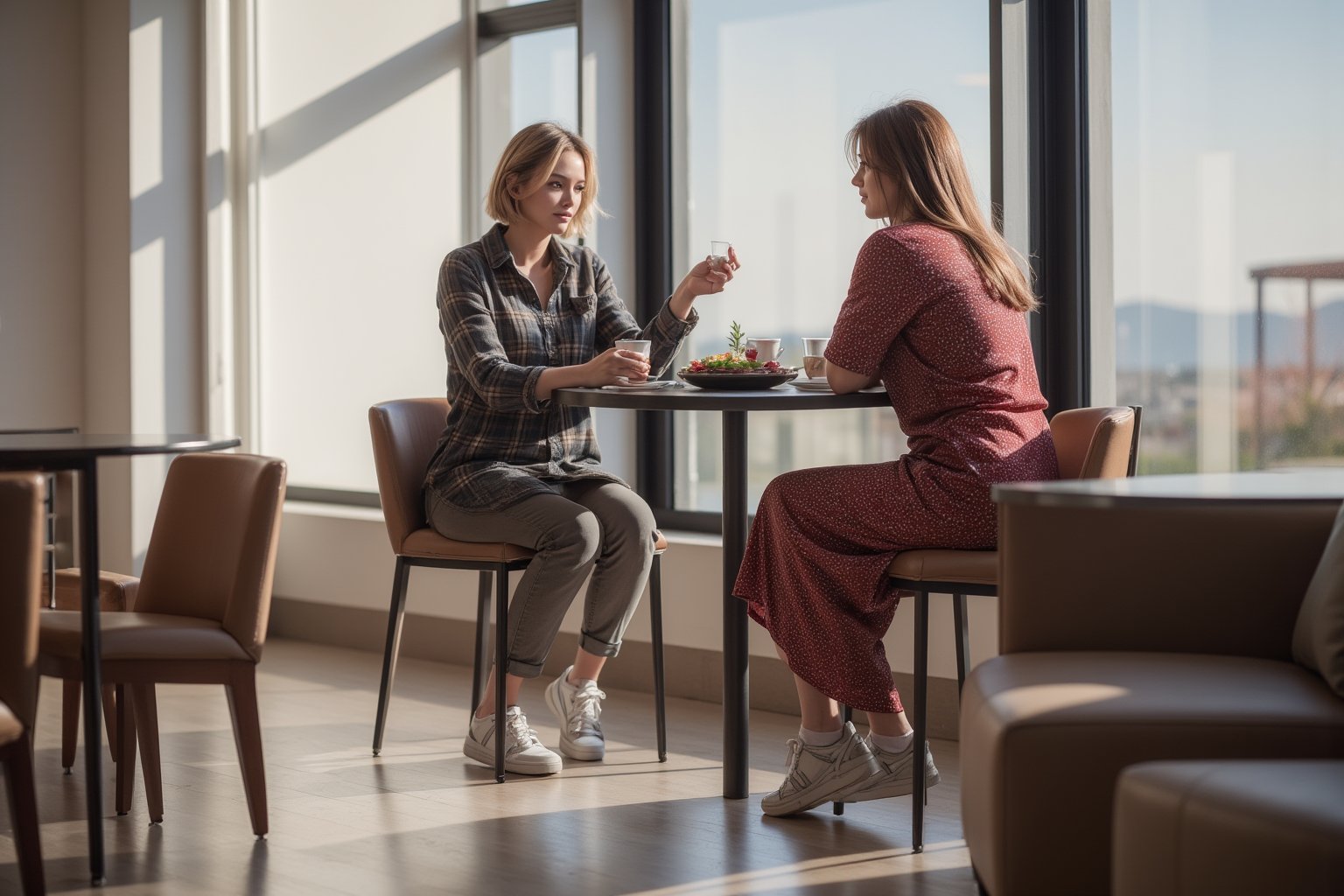 "Two beautiful, curvy women, one 35 years old and the other her 18-year-old niece, are seated at a hotel café, enjoying coffee and lunch. Both have short golden hair, 35years old woman  wearing flannel shirts and 18years old woman wore  kneel length frock  and sneakers,  and sneakers. The atmosphere is relaxed but with an air of seriousness as they engage in deep conversation. The modern hotel décor features sleek furniture, minimalistic design, and large windows letting in natural light. The two women are focused on their discussion, their expressions thoughtful as they sip coffee amidst a calm and sophisticated setting."