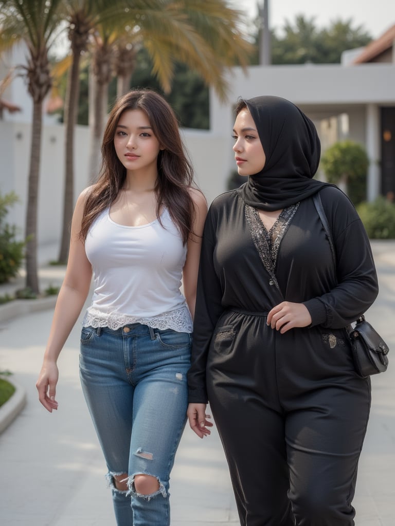 On a vibrant morning in a peaceful poolside, a confident and striking woman with a curvy, muscular build walks with purpose, dressed in a black niqab that contrasts with the lively street around her. Beside her, a stunning American muscular curvy thick woman in a white wife beater, denim jeans, and sneakers, short ponytail, strides along, both of them engaged in a quest for the perfect rental house. Their bond is evident, a reflection of their college friendship and shared mission.