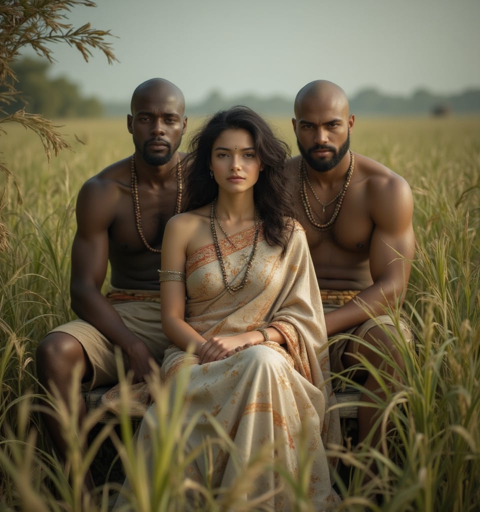 Here is a prompt based on your description:

"Create an image of Sita Devi, a modern-day white American middle-aged woman with a curvy, angelic face, wearing a traditional saree that reflects her regal and dignified nature. She is seated on a bench in the middle of a lush paddy field. Surrounding her are her muscular African-Indian hybrid husbands, depicted as middle-aged bald men with strong, beefy builds, dressed only in Indian lungis. The scene should convey unity and strength among them, set against the elegant and simple beauty of the paddy fields."